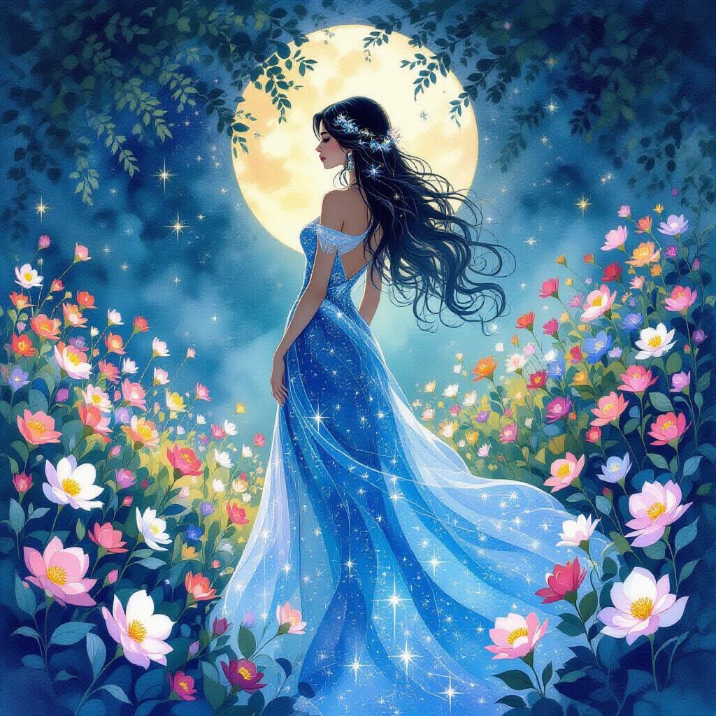 Starlight Goddess in Bioluminescent Garden, Art Nouveau Styl...