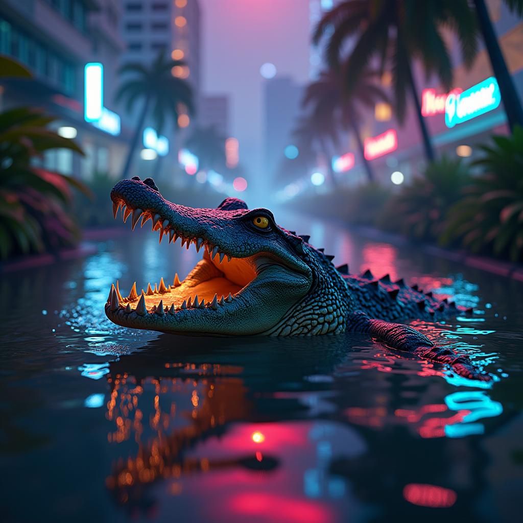 Alligator Emerges in Miami, Fantasy Concept Art