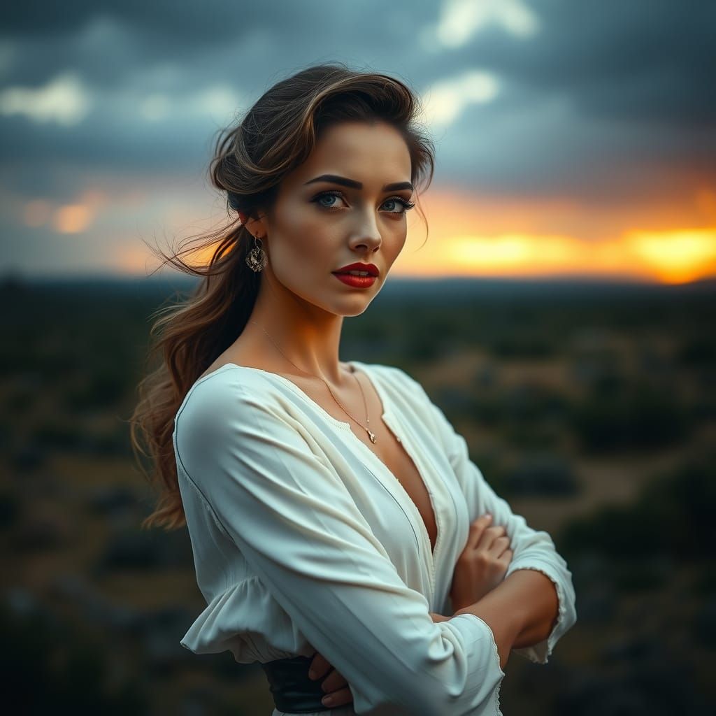 Elegant Woman in Cinematic Landscape, Filmic Quality