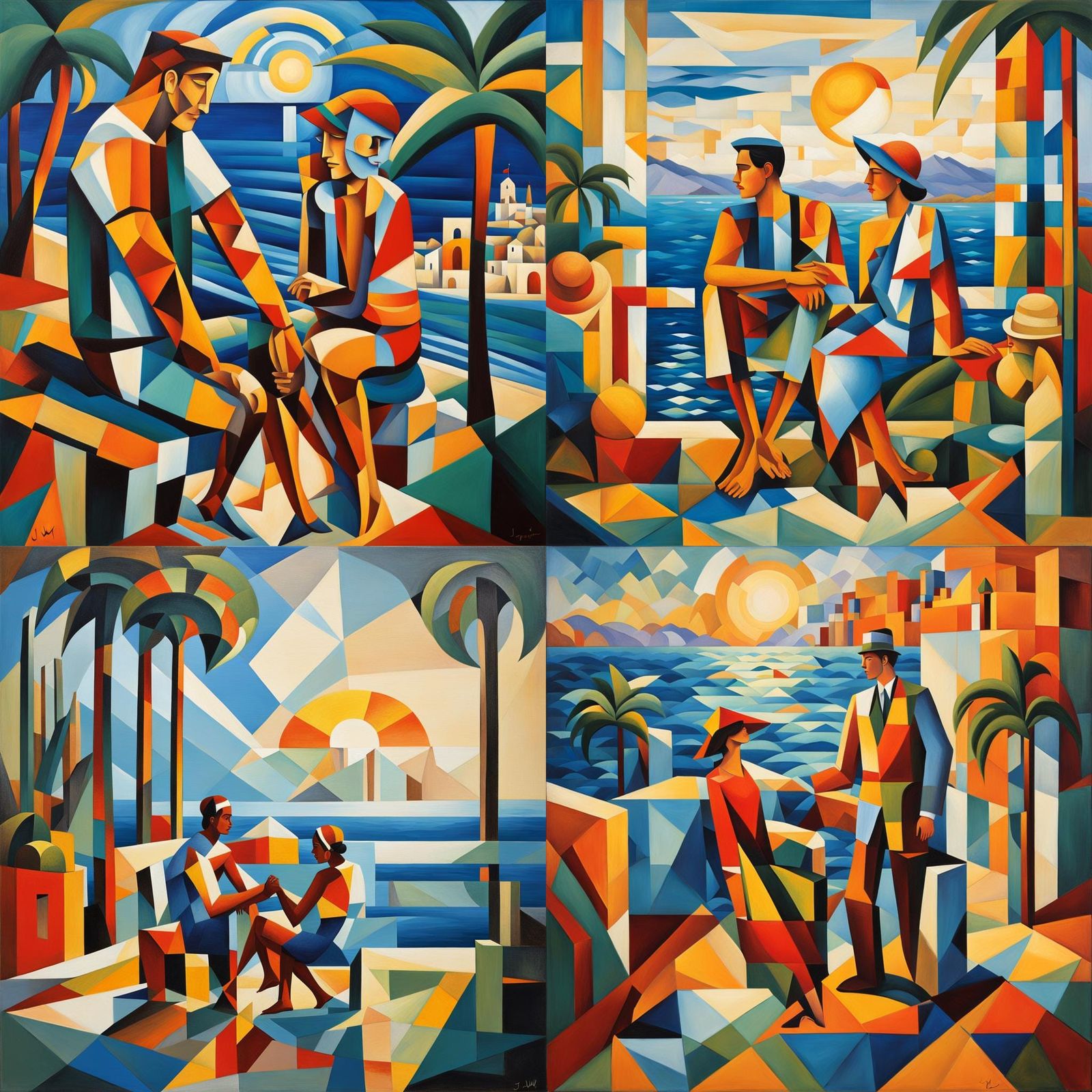Latin Couple at Tropical Beach in Cubist Style