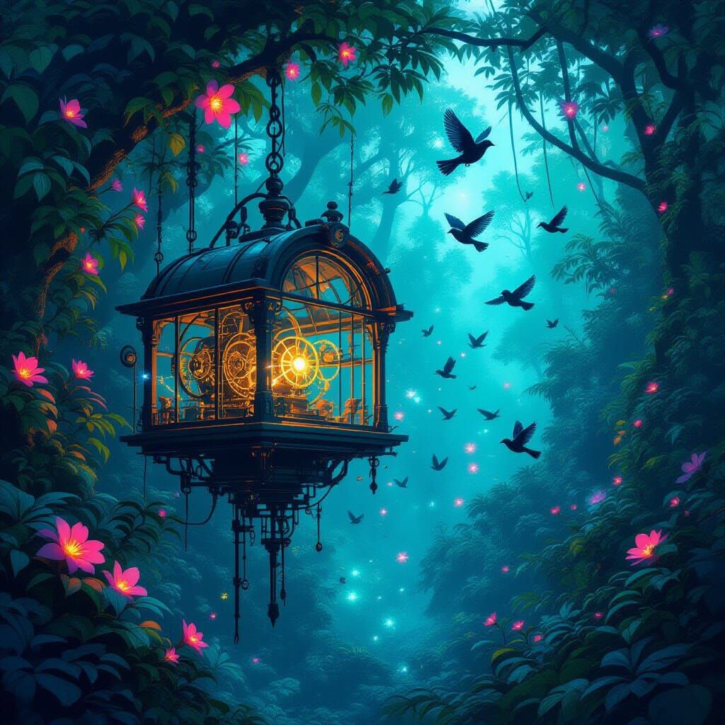 Clockwork Aviary in Bioluminescent Forest, Matte Painting