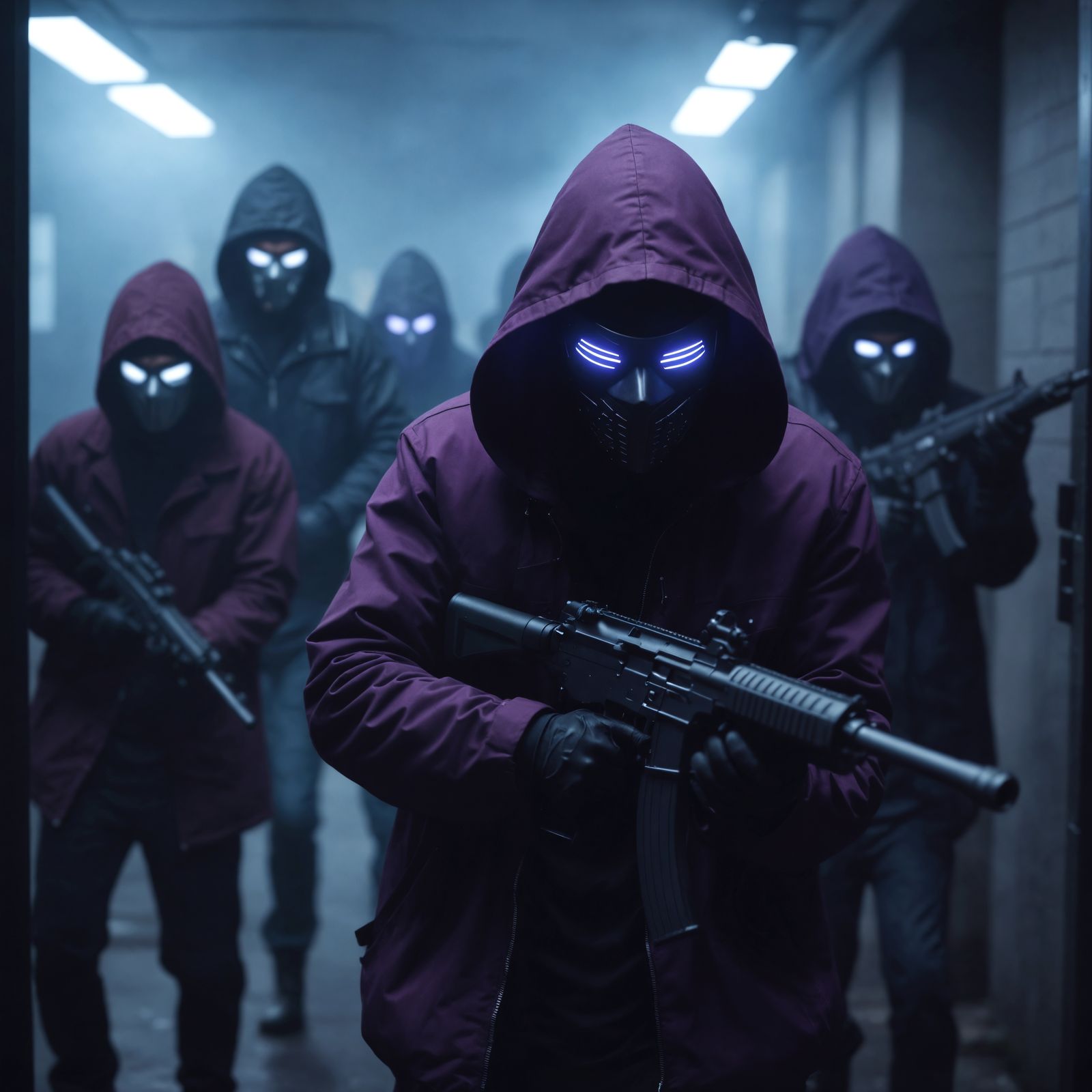 Cybernetic Masked Robbery: Cinematic Film Still