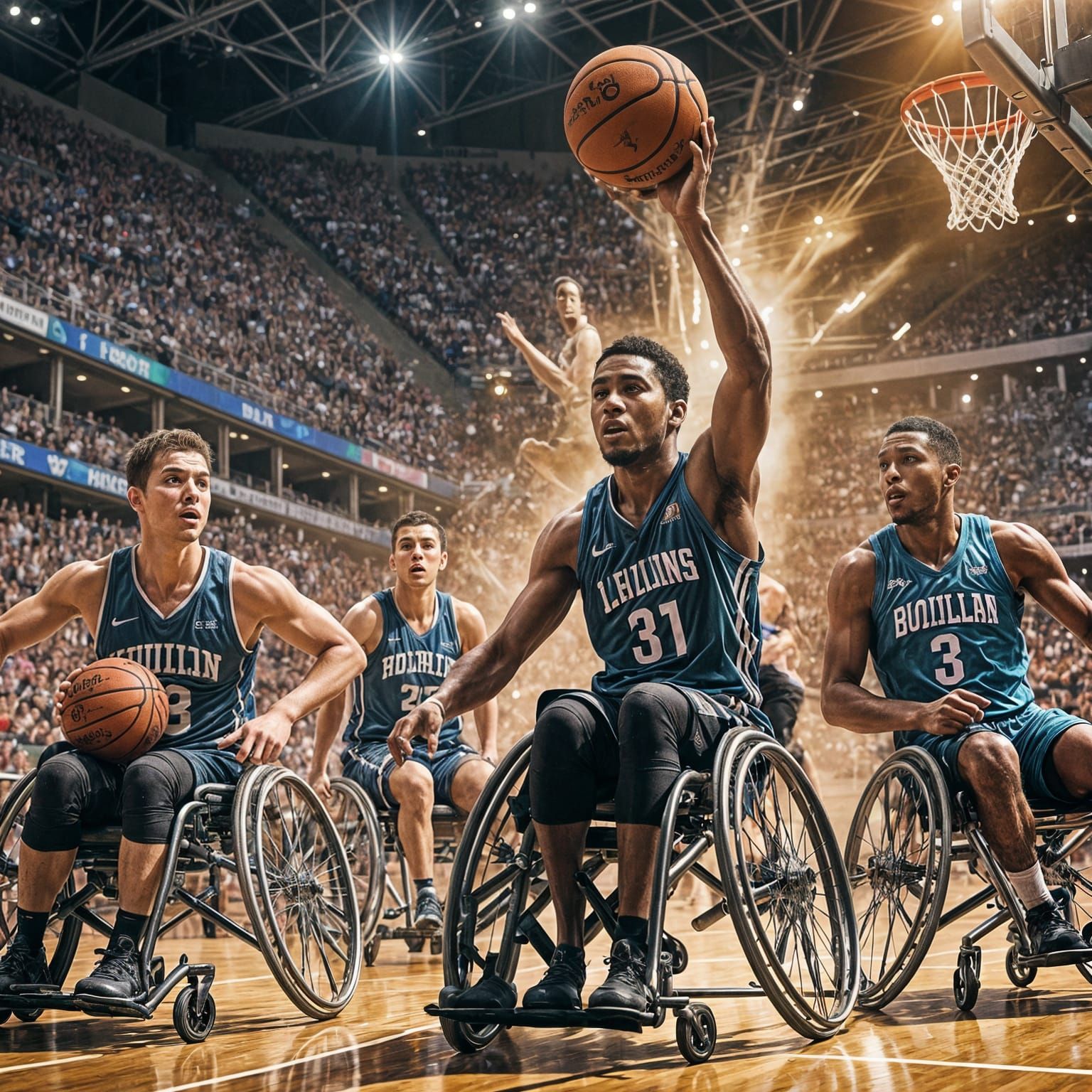 Intense Wheelchair Basketball Game in Modern Arena