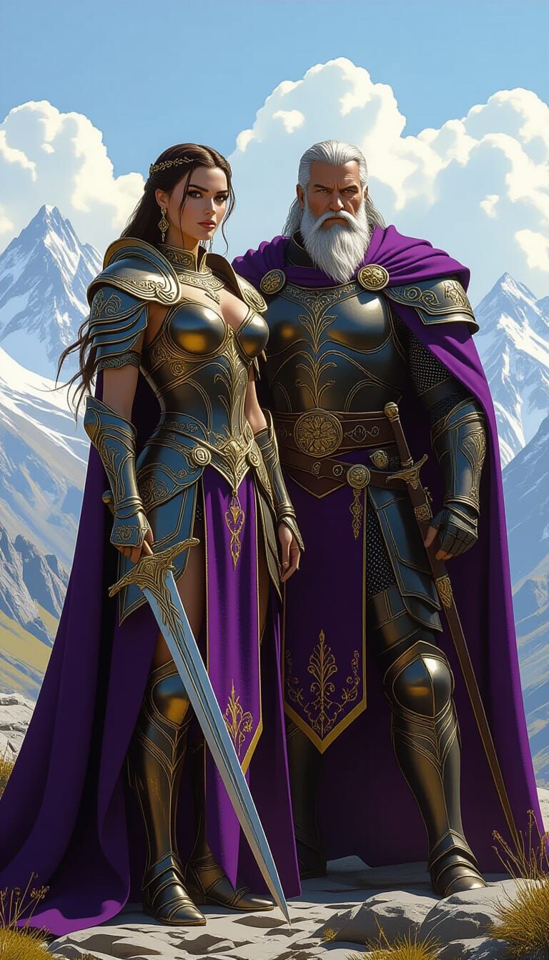 Warrior Queen and King in Mountains, Matte Painting