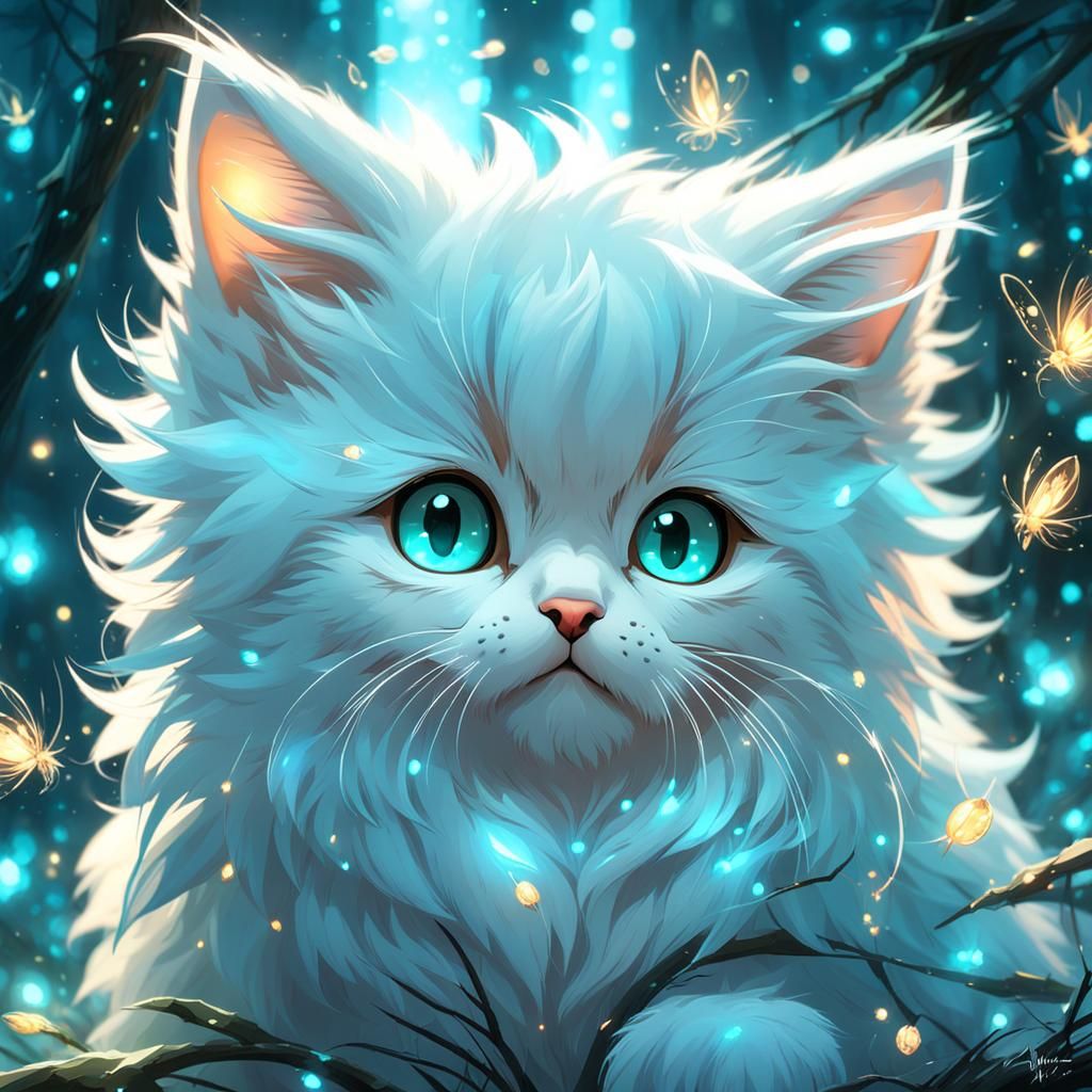 Adorable Chibi Kitten in Bioluminescent Forest
