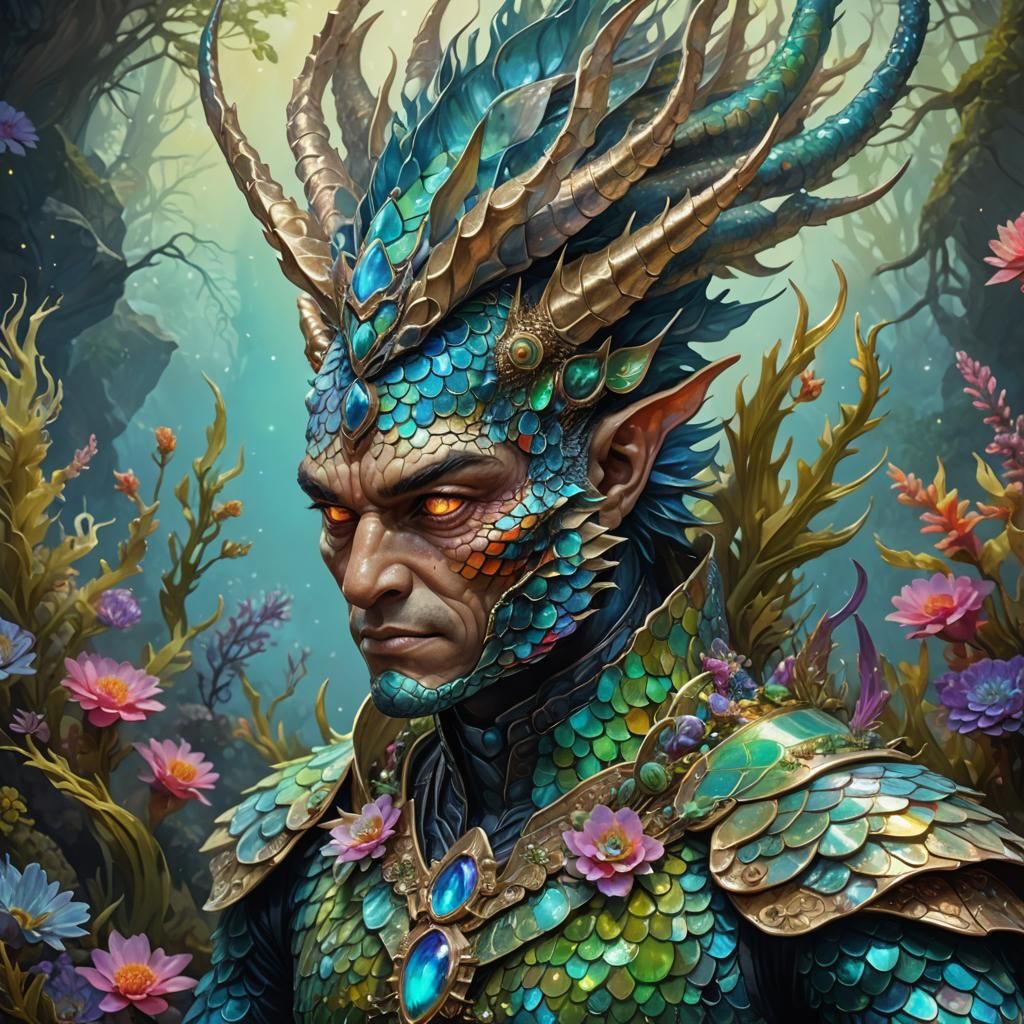 Iridescent Merman Portrait with Dragon Horns