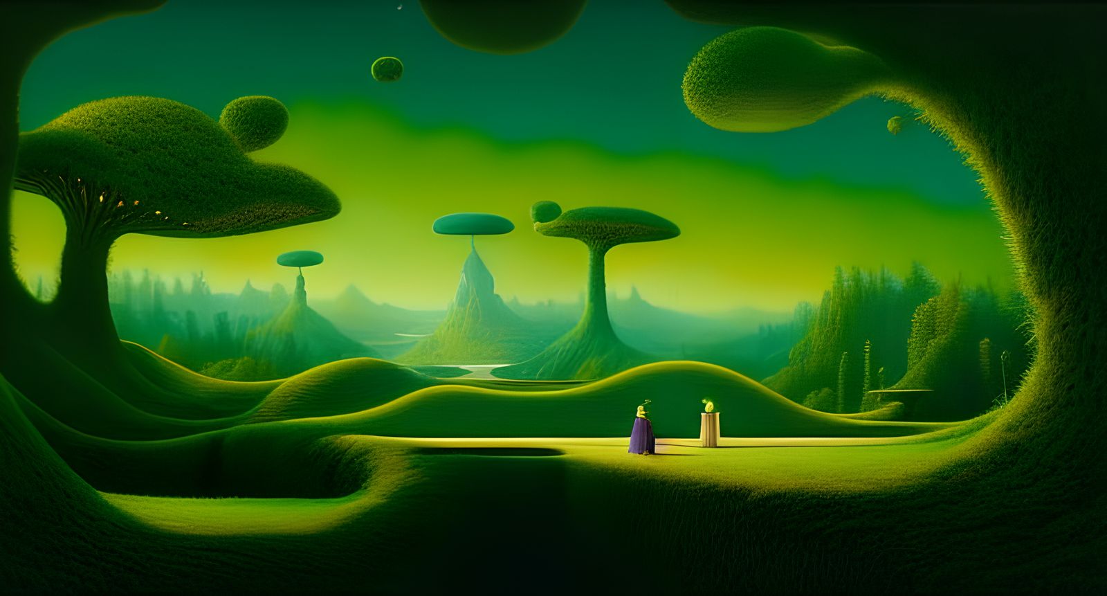 Magical Green Fantasy Landscape Illustration