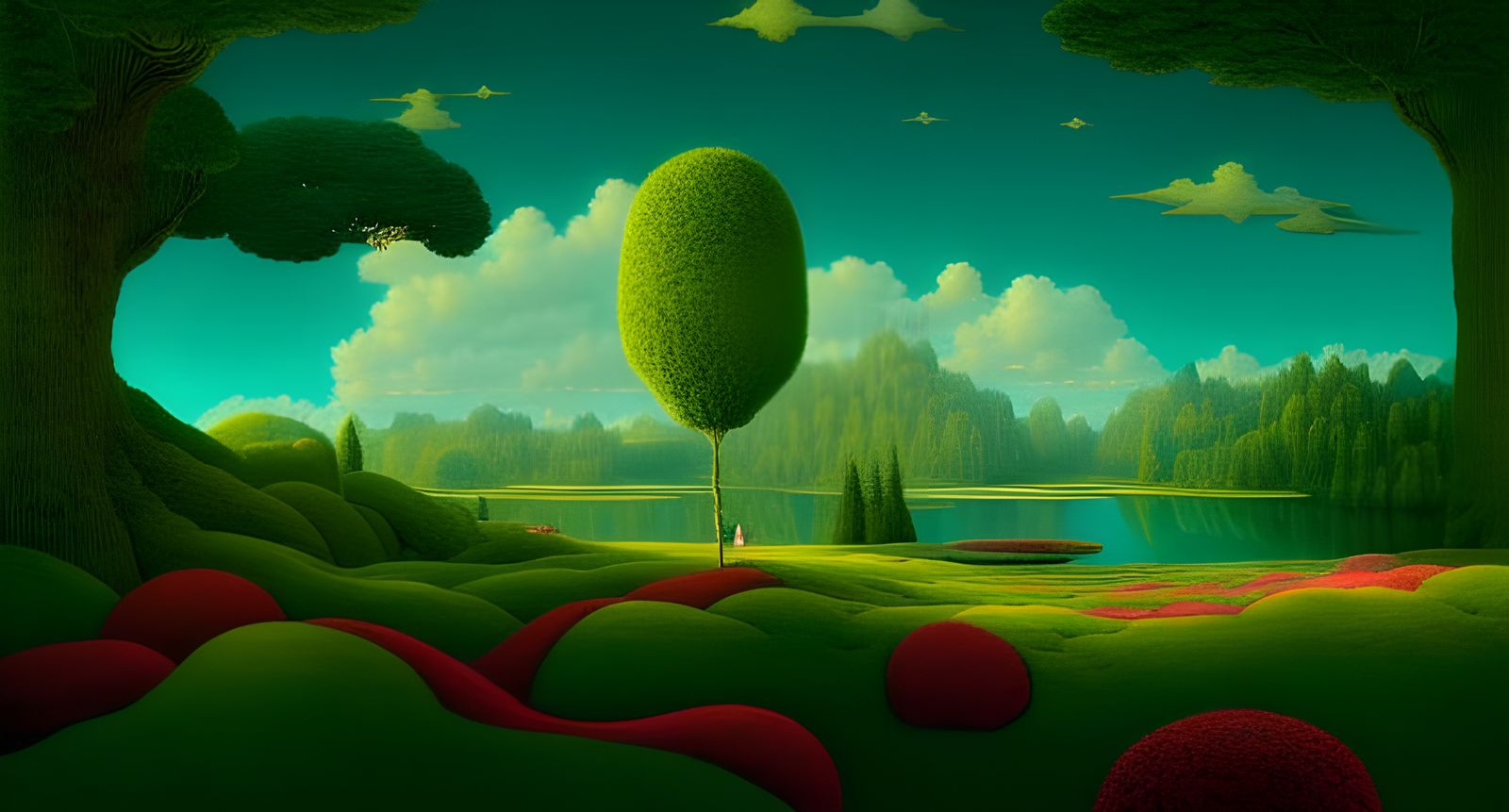 Magical Green Fantasy Landscape Illustration