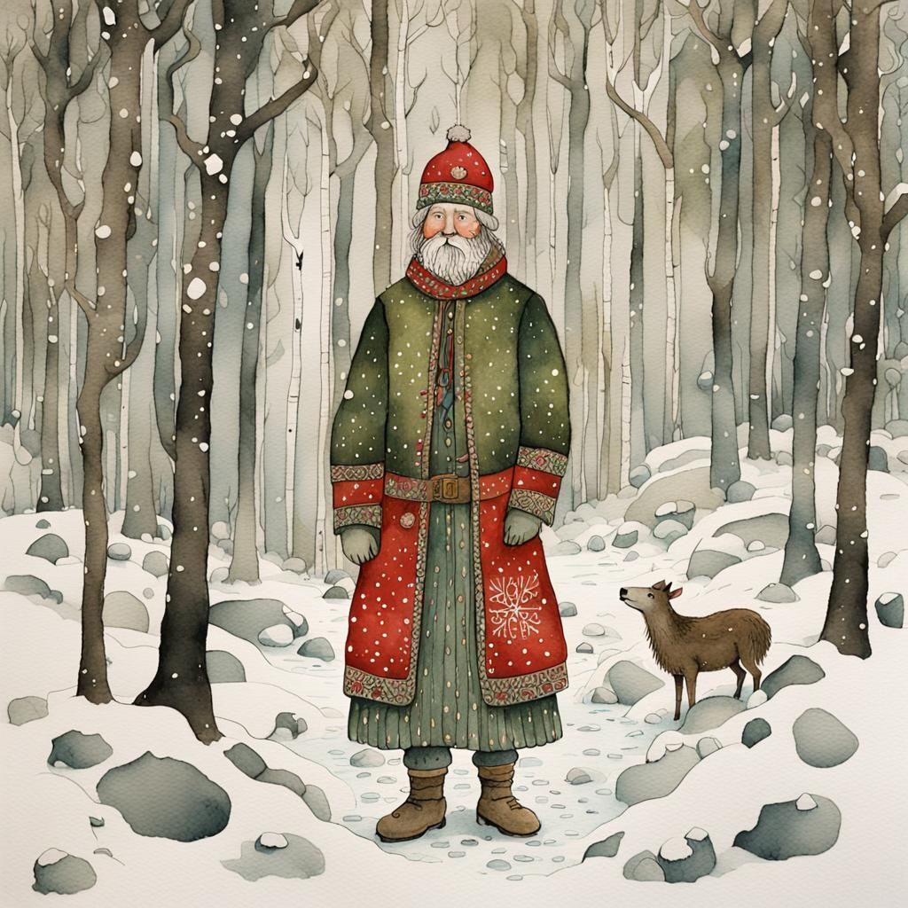 Julenissen in Snowy Norway: Watercolor Folk Art