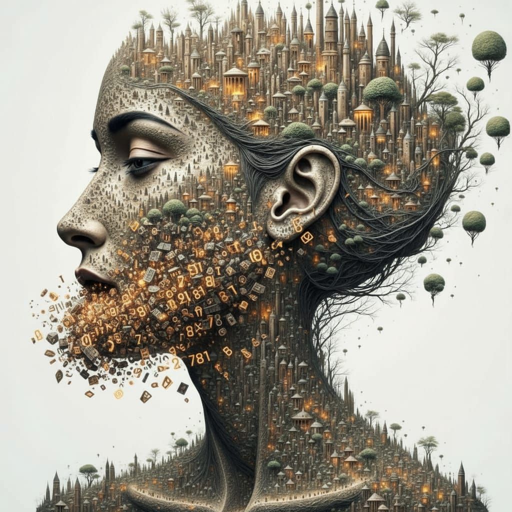 Abstract Female Head Opening with Knowledge and Light