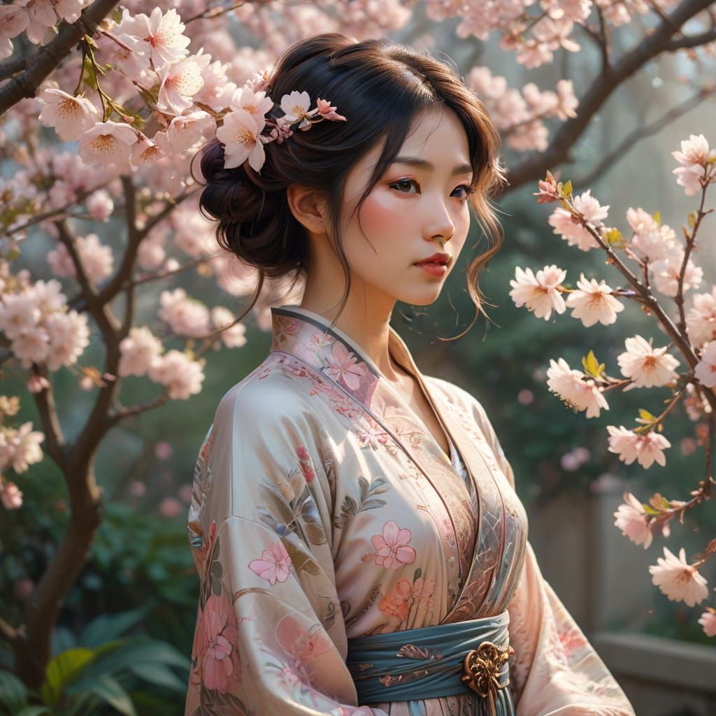 Asian Woman in Floral Garden Digital Painting