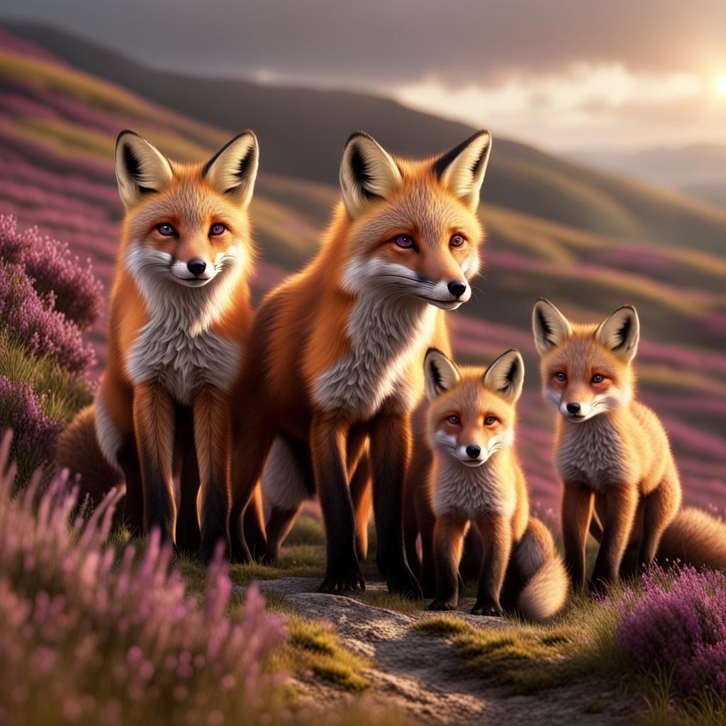 Fox Family on Heather Hillside: Digital Matte Painting