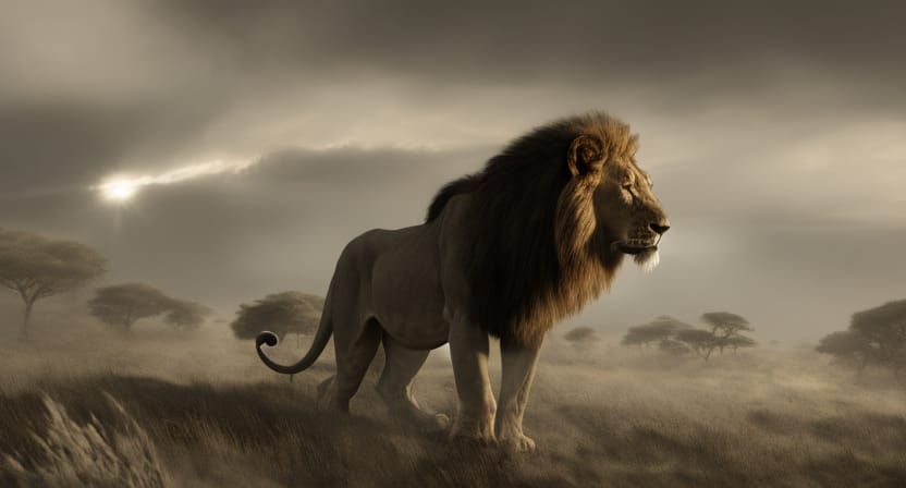 Majestic Lion in Savannah: Ethereal 3D Rendering