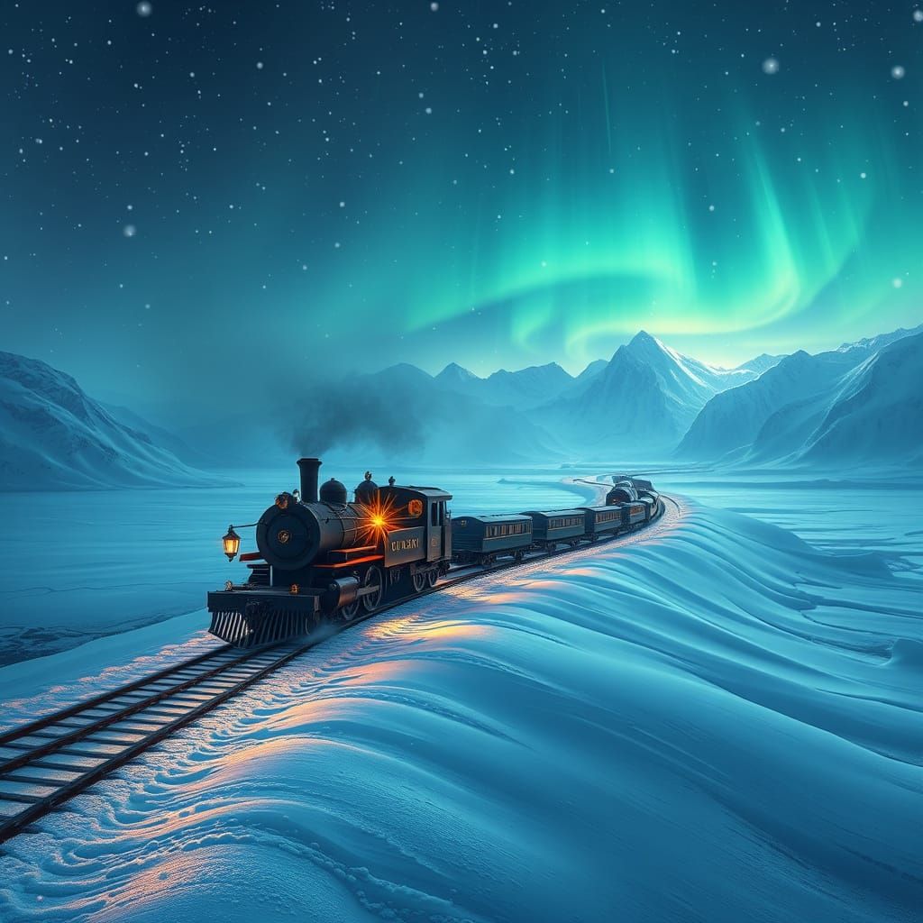 Vintage Steam Train Crosses Snowy Mountains Under Aurora