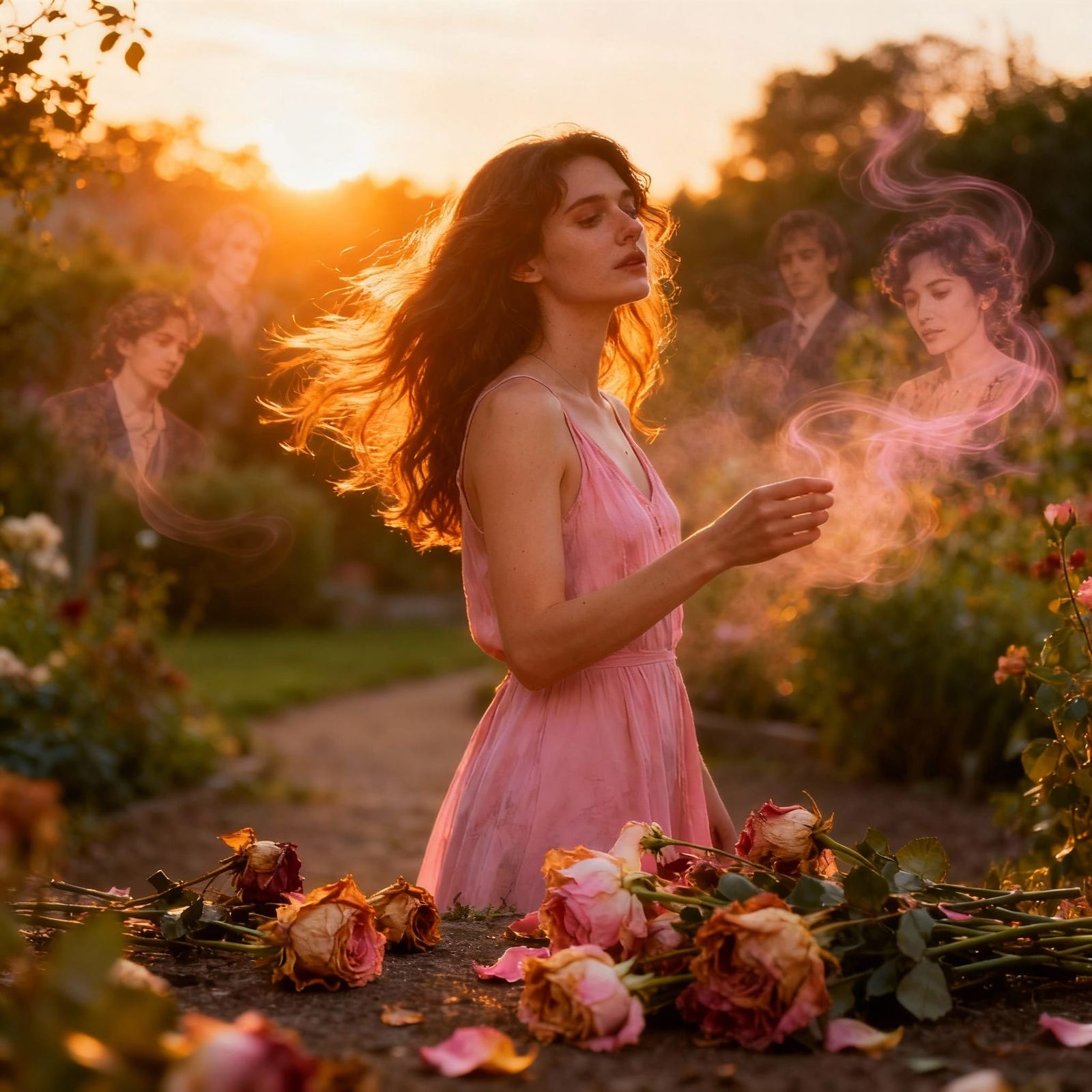 Woman Reflects on Past Love with Wilted Flowers