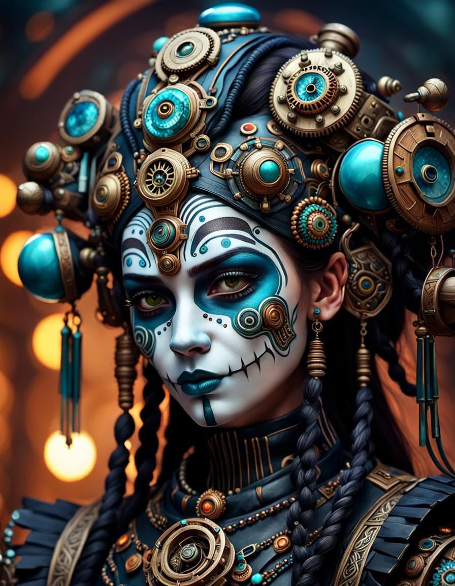 Clockwork Aztec Princess in Cyberpunk Steampunk Art