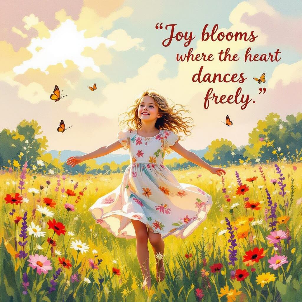 Girl Dancing in Meadow: Vibrant Gouache Painting