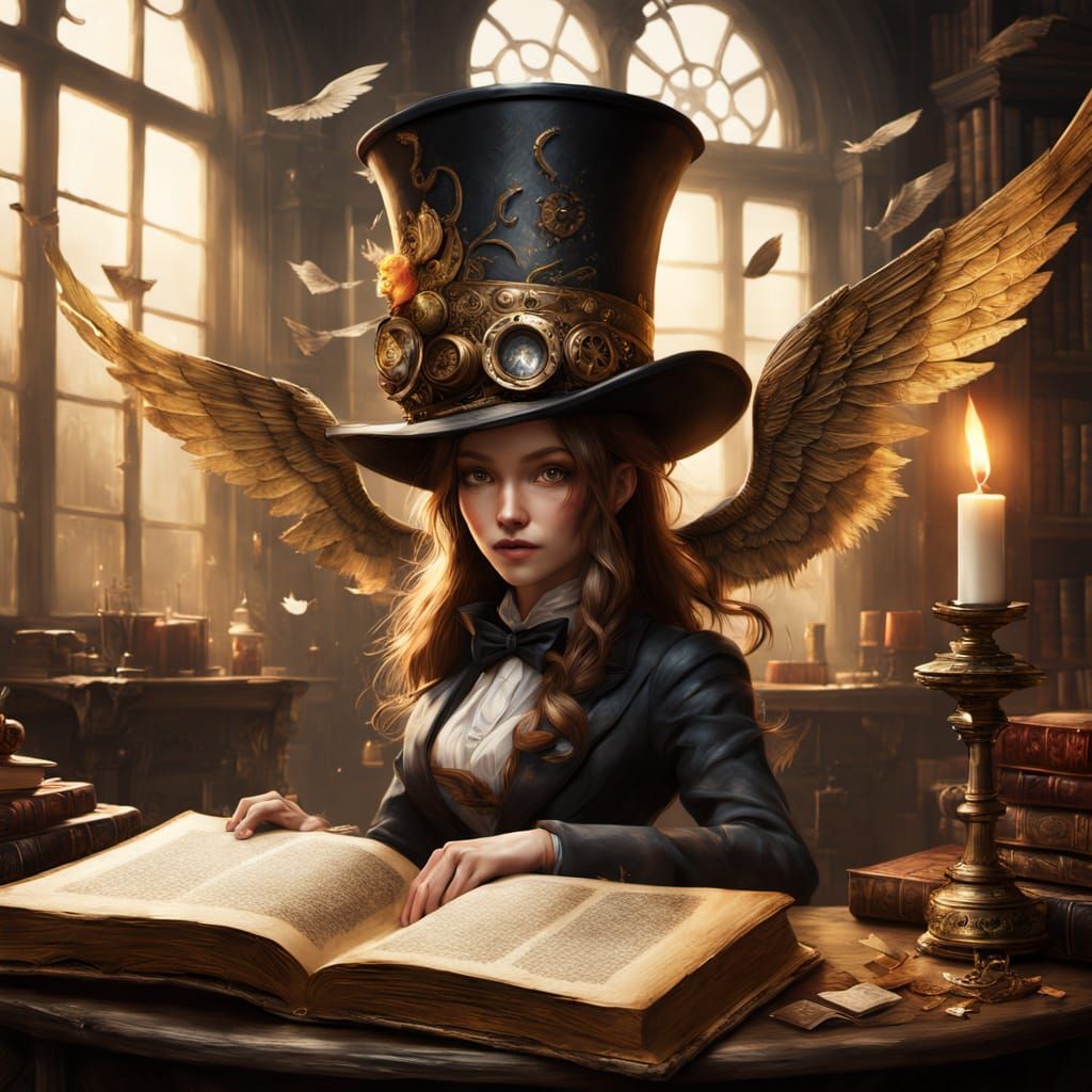 Surreal Top Hat of Books with Glowing Poetry