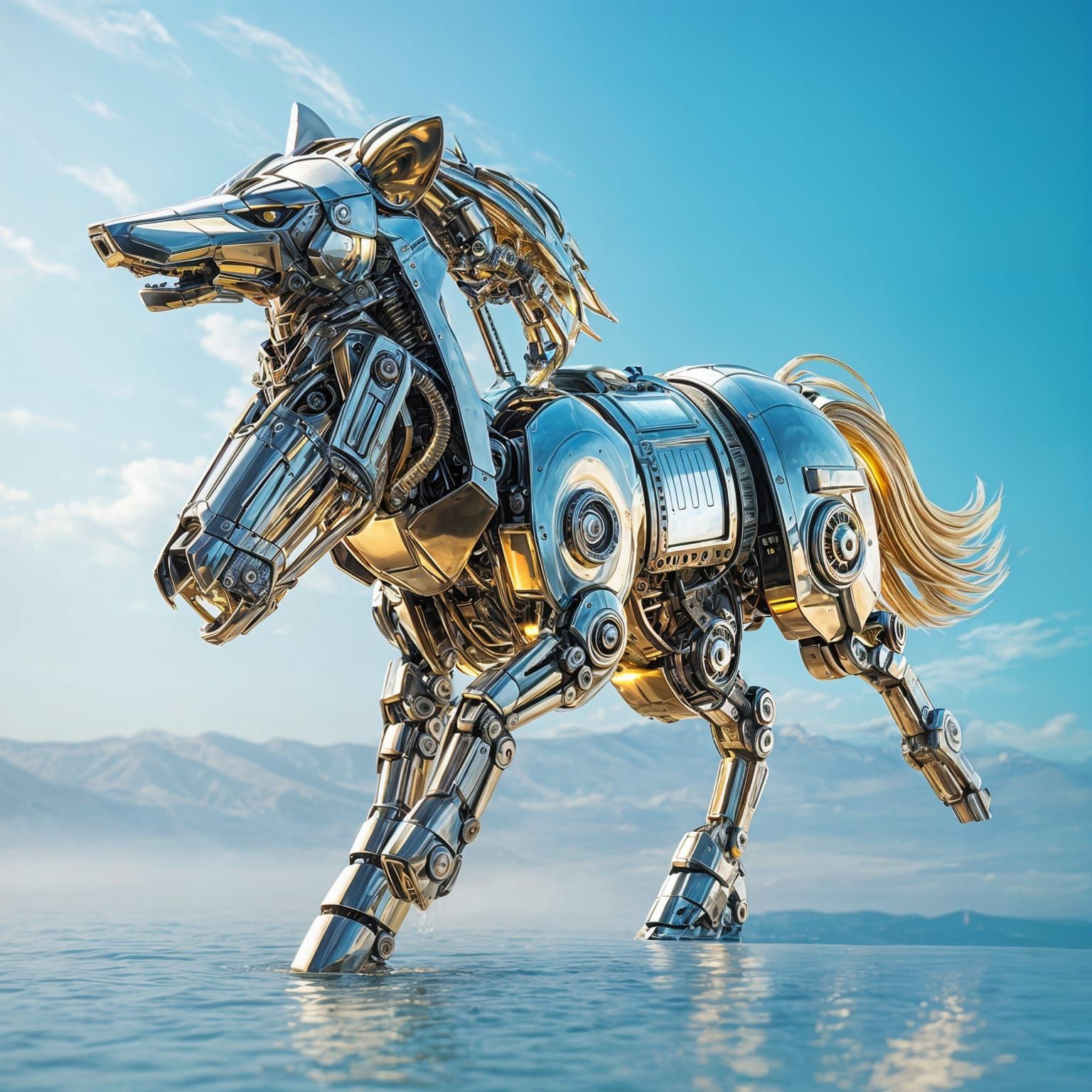 Hyperrealistic Chrome Wolf Robot in Blue Sky