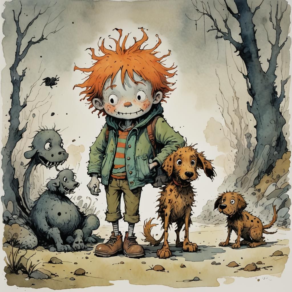 Cute Freckled Monster Boy with Puppy, Whimsical Art