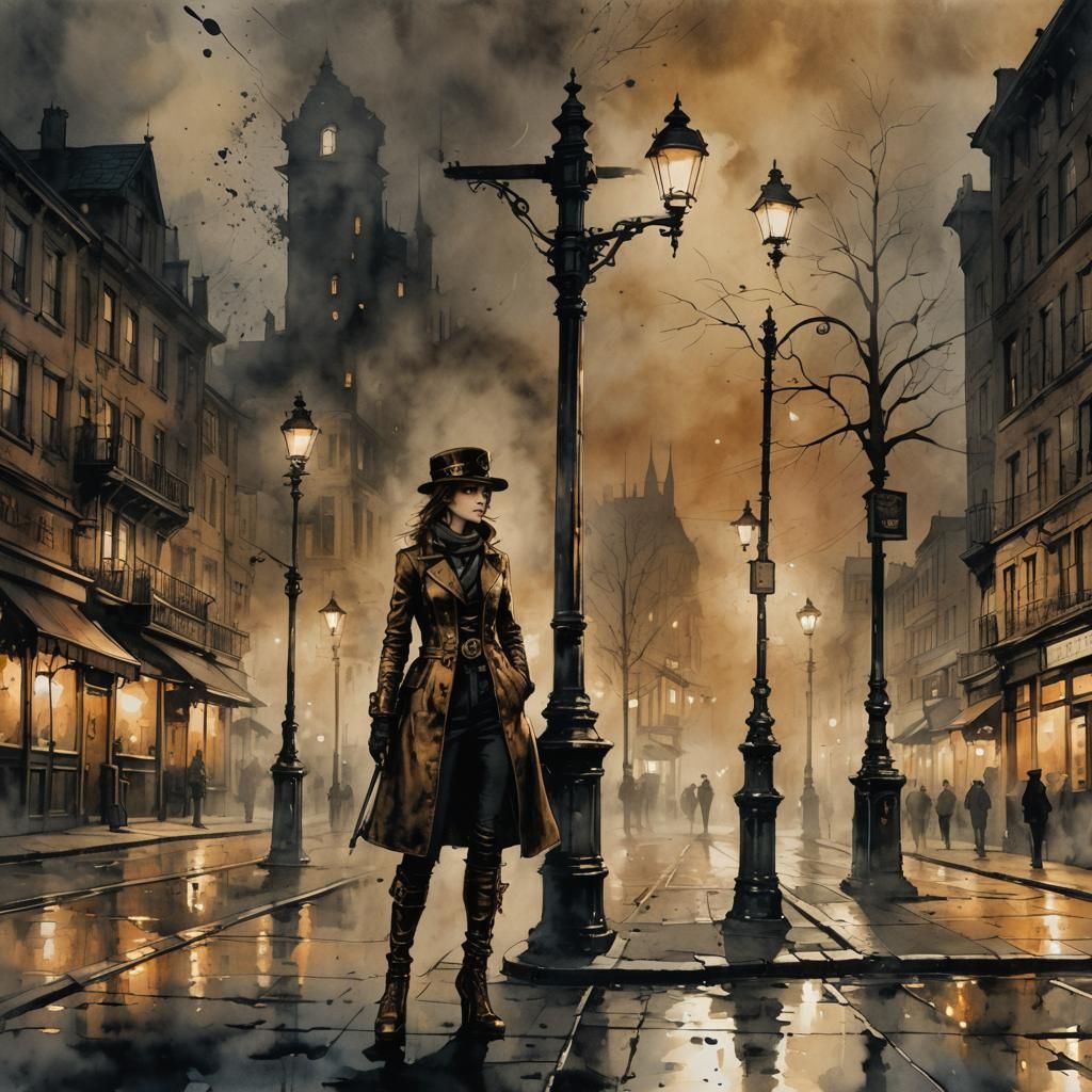 Steampunk Woman in Ink Painting with Ornate Details