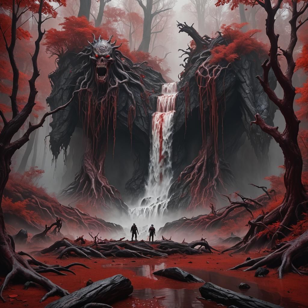 Blood Waterfall in Red Forest with Vein Monster
