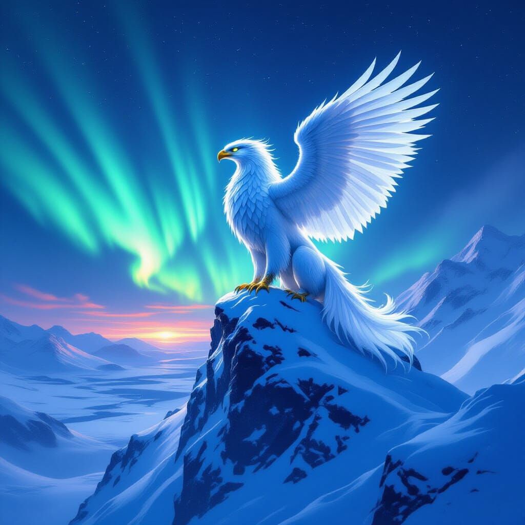 Majestic Griffin on Mountain Peak Under Aurora Borealis Sky