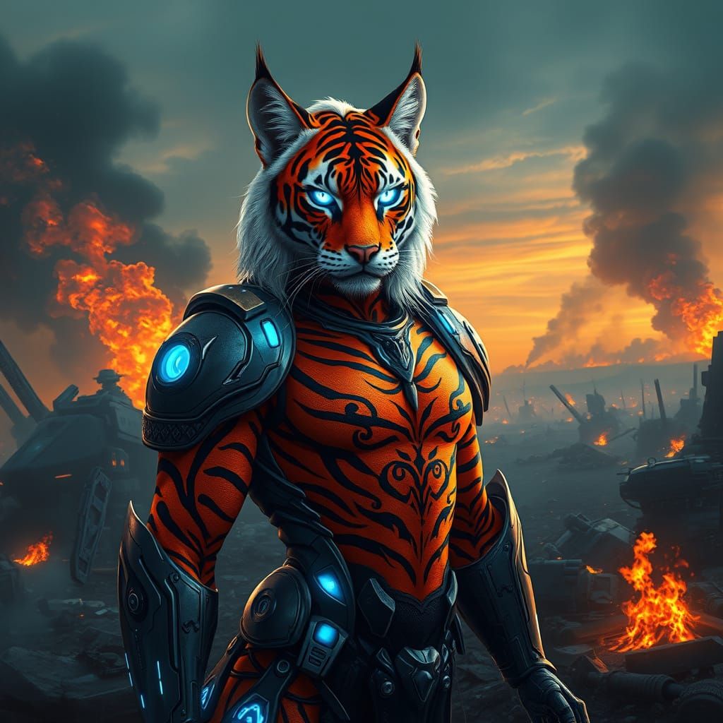 Cyberpunk Tiger Warrior Amidst a Smoldering Apocalypse
