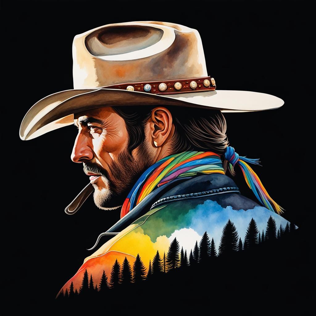 Cowboy Double Exposure in Gouache Watercolor Style