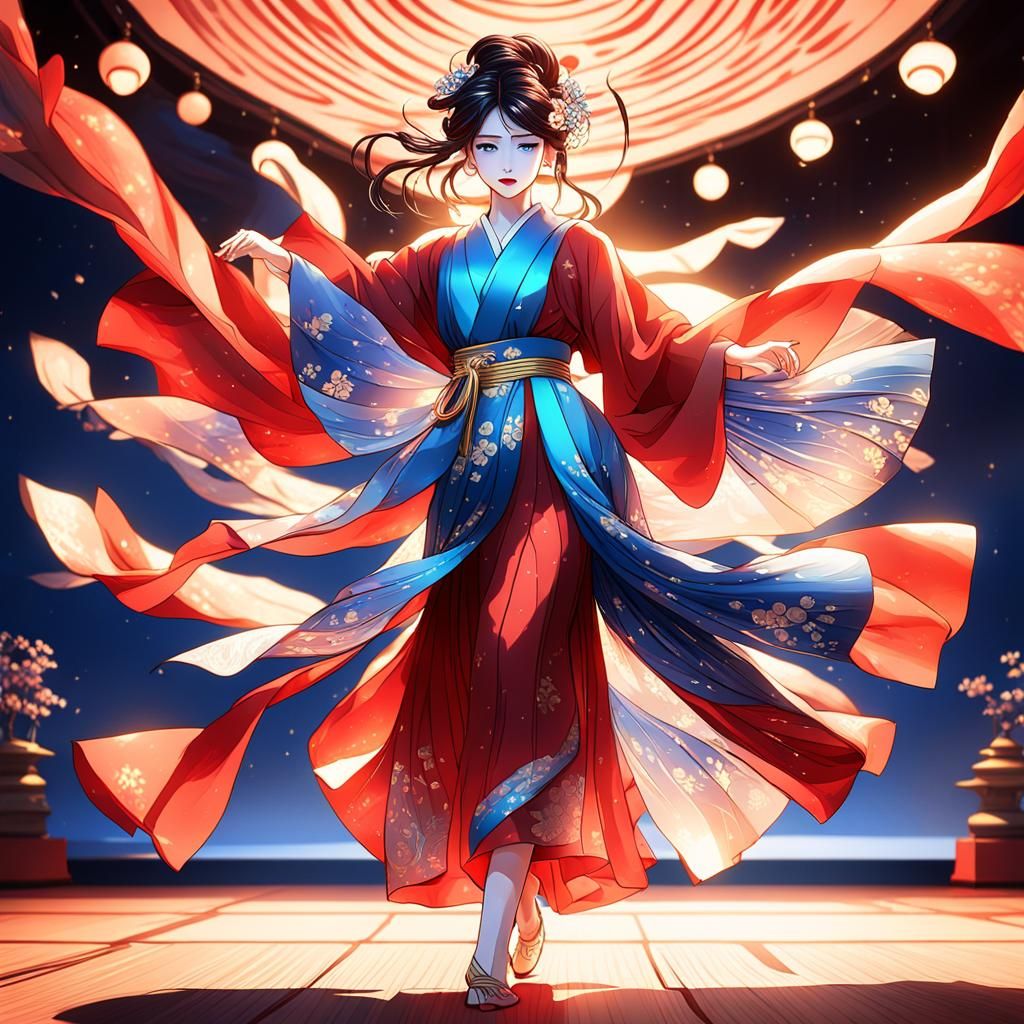 Elegant Anime Woman Dancing in Ukiyo-e Style