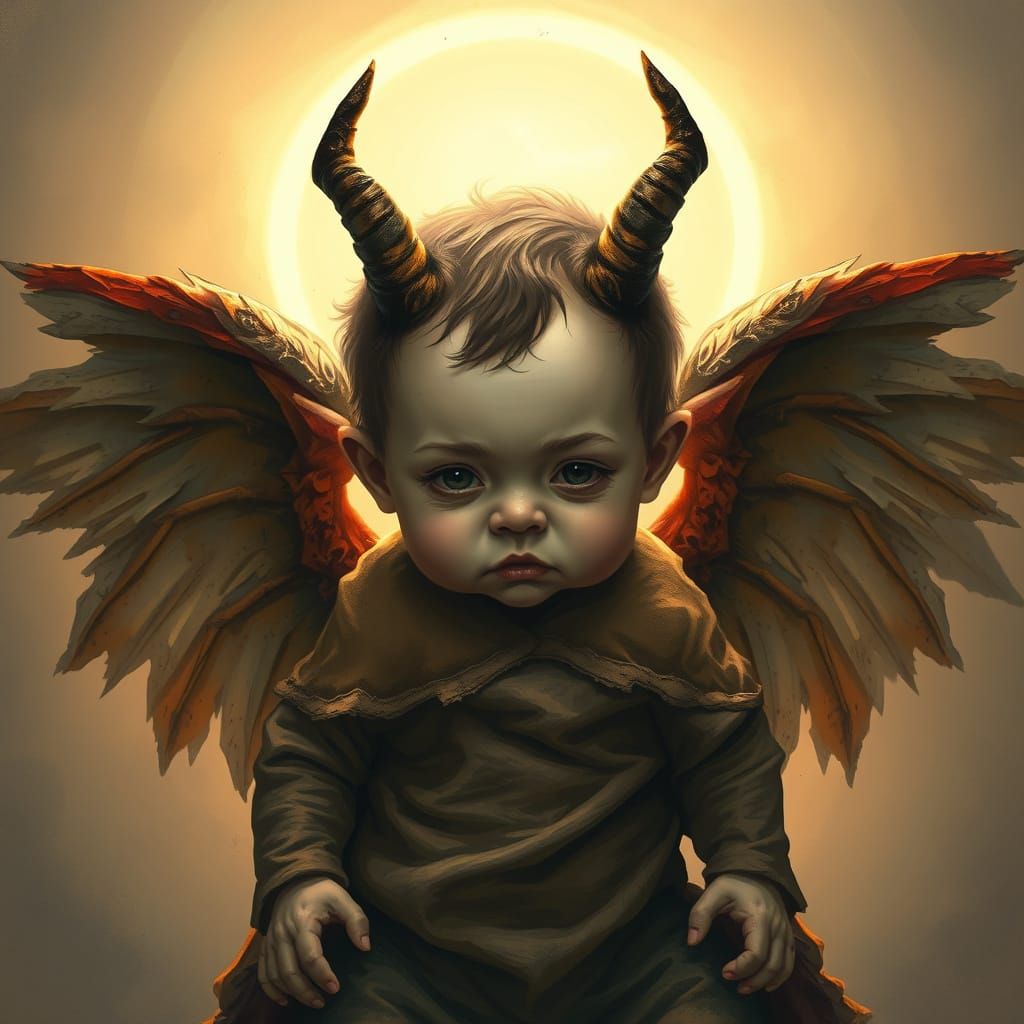 Half Demon, Half Angel Infant in Grimy, Mystical Style