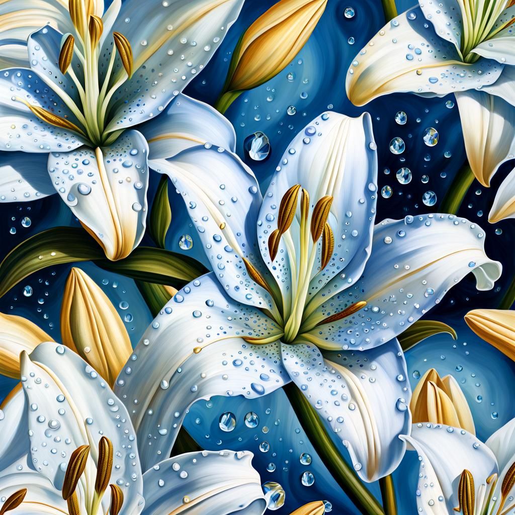Blue and White Lilies in Botanical Oil Painting Style