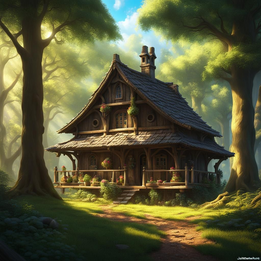 Medieval Cottage with Birdhouses: Hyperrealistic Fantasy Art