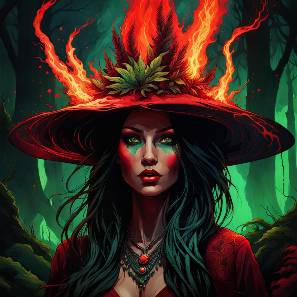 Forest Witch with Fiery Plants and Volcano
