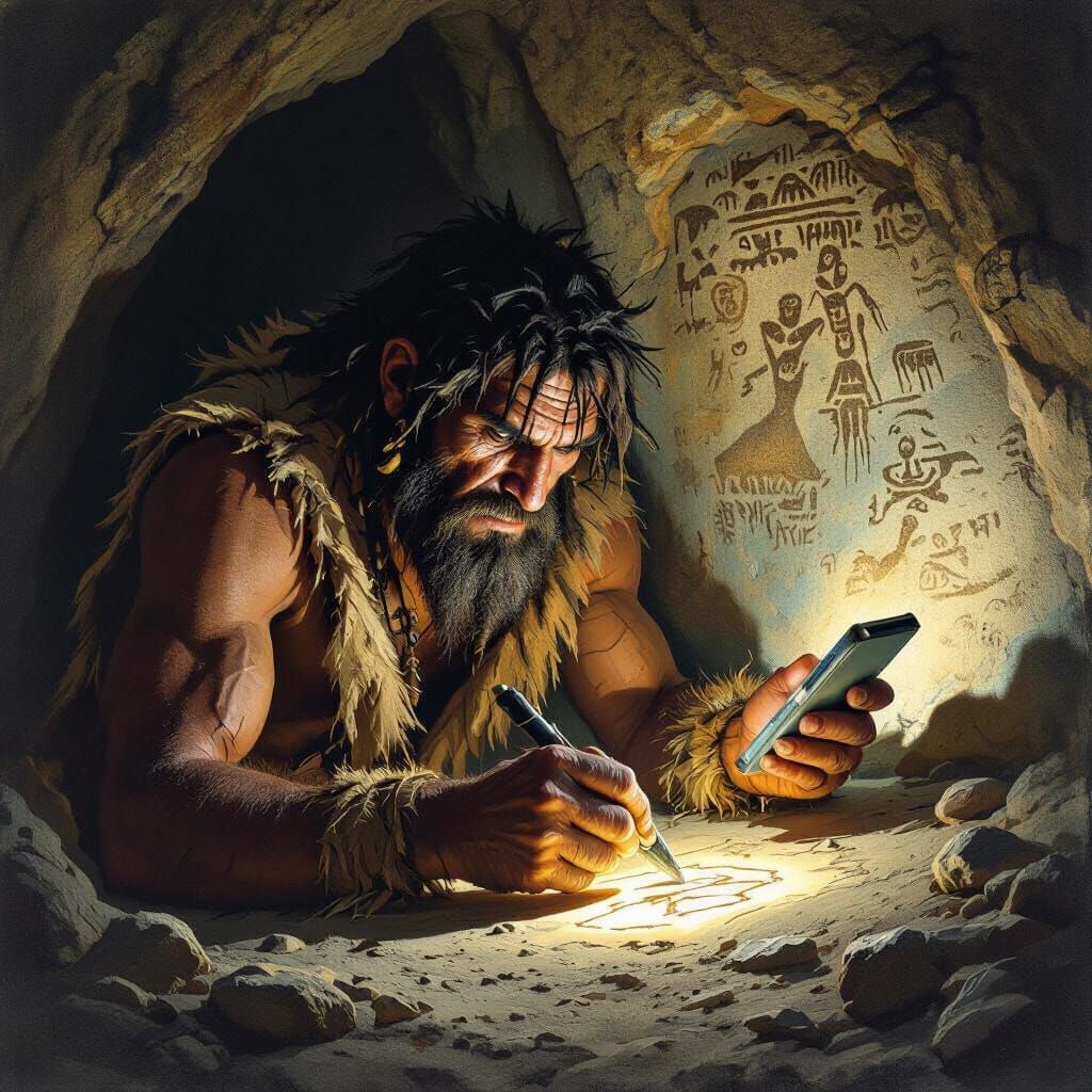Primitive Man Draws on Smartphone in Cave