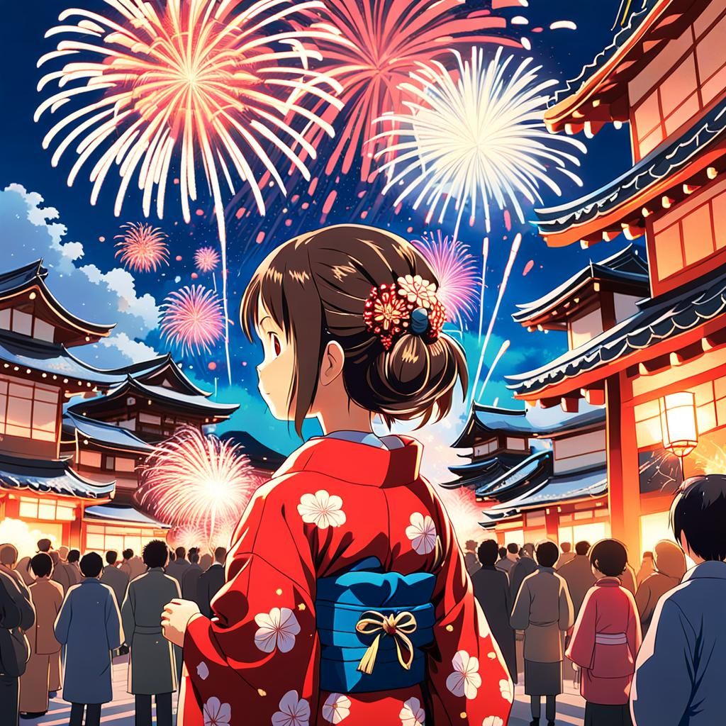 Anime Girl Watches Fireworks at Japanese Festival