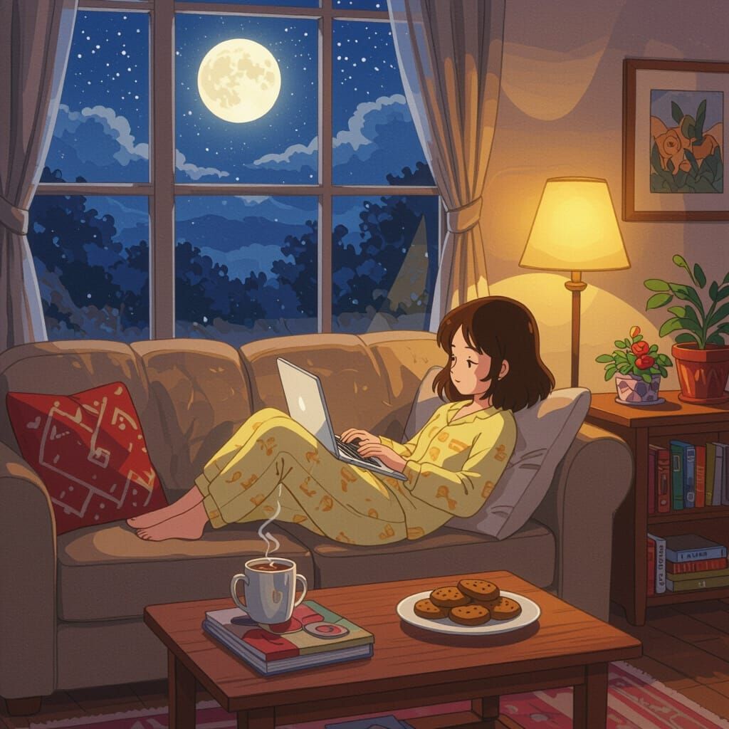 Cozy Room Scene with Girl Typing on Laptop, Miyazaki Style