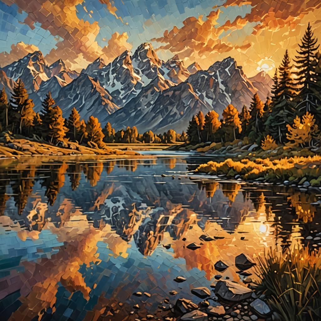 Grand Tetons Sunset: Impasto Oil Painting Landscape