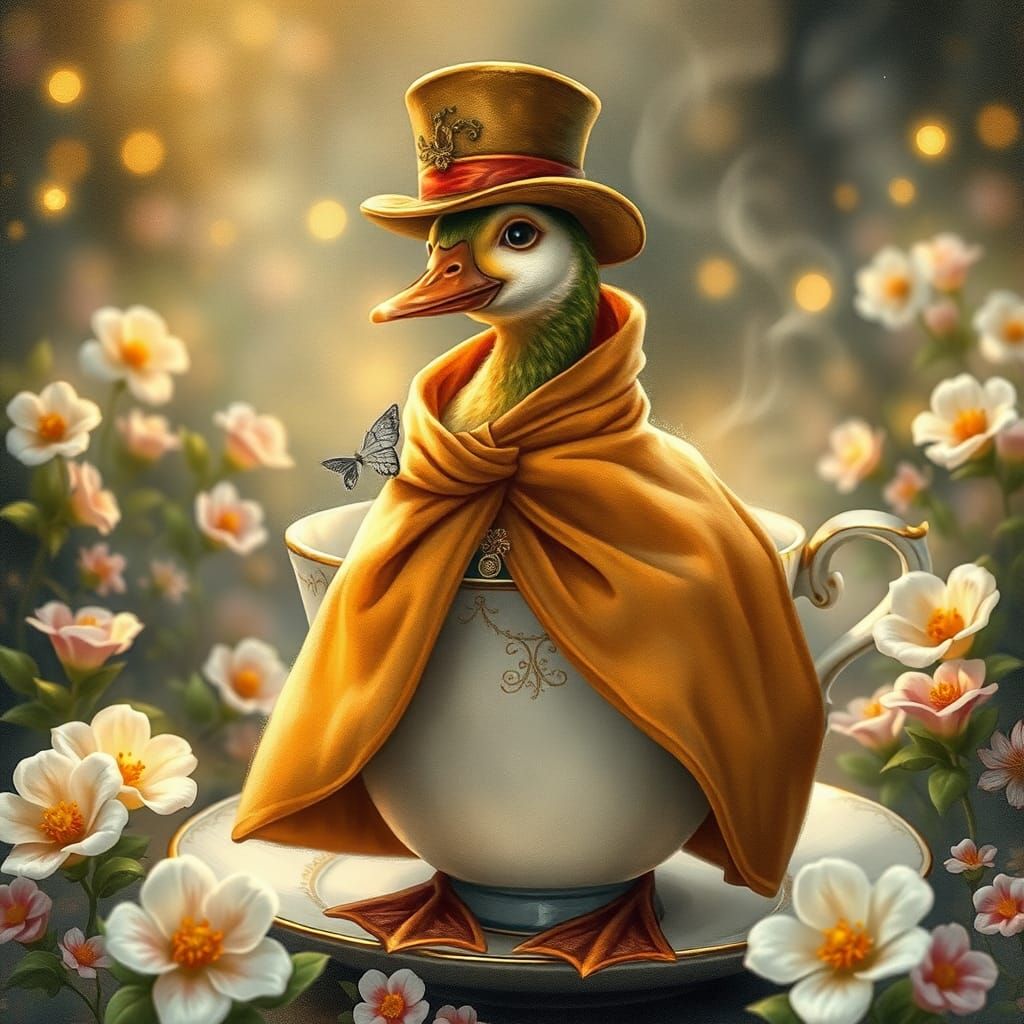 Duck in Teacup Garden: Whimsical Watercolor Scene