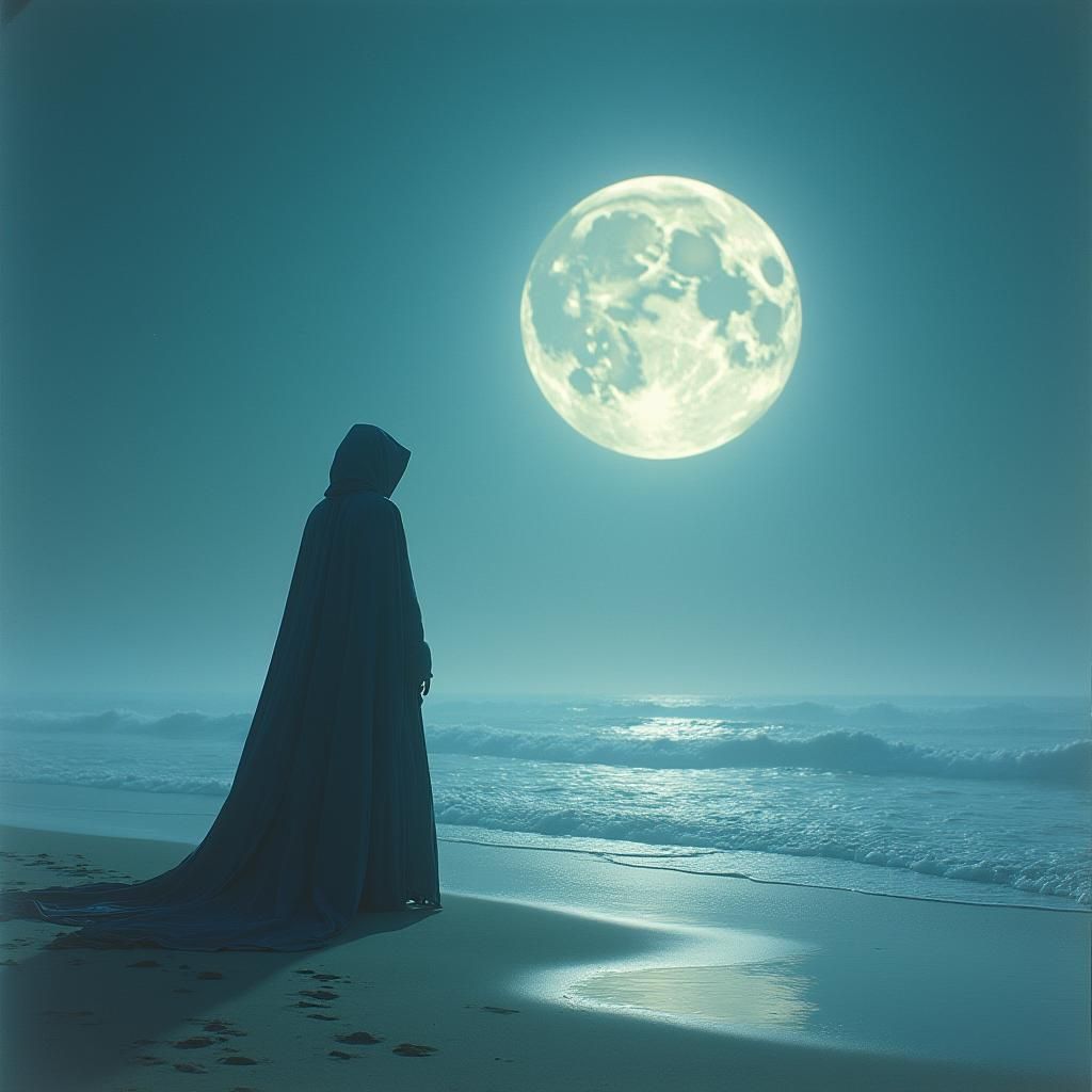 Contemplative Figure on Moonlit Beach in Sci-Fi Style