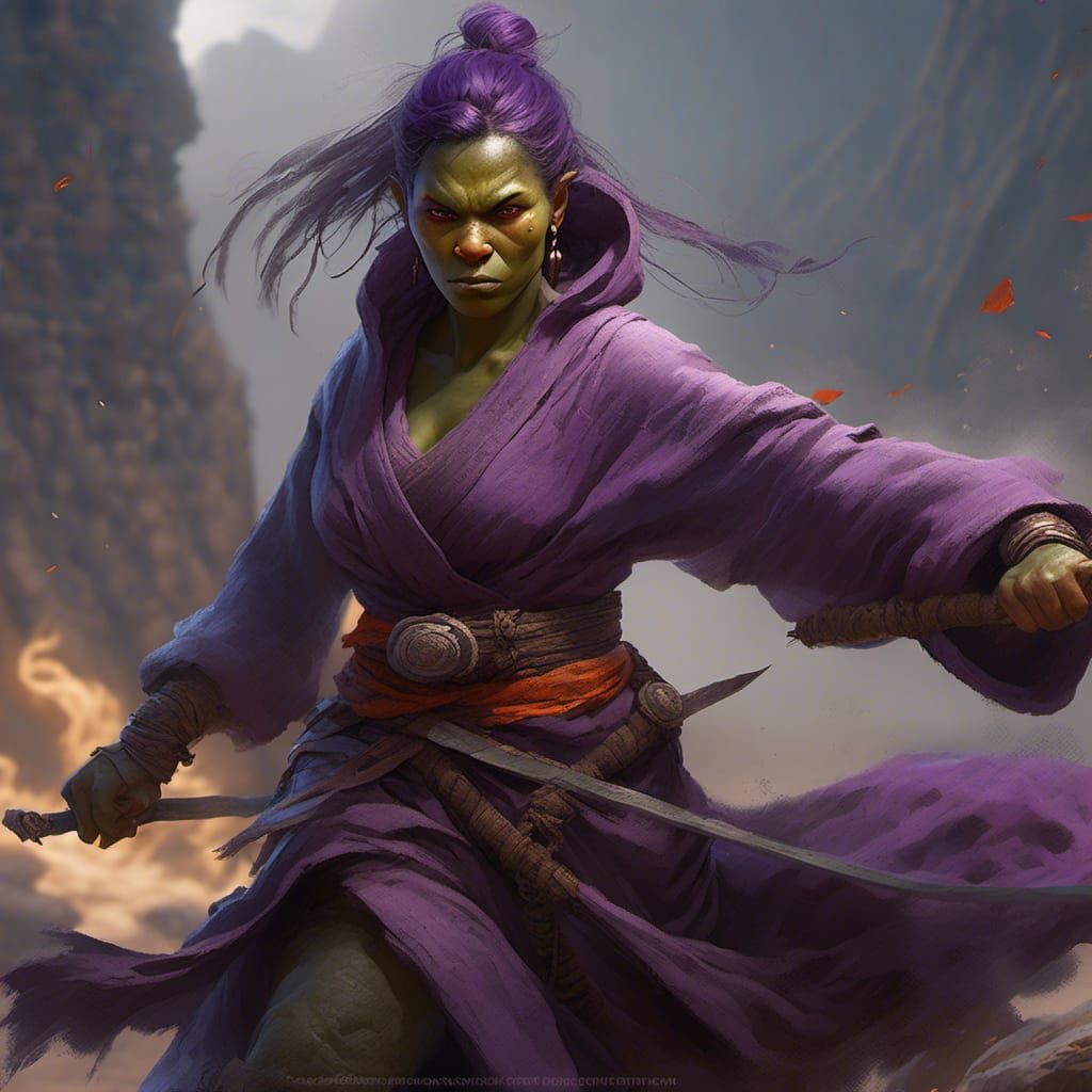 Half-Orc Monk in Purple Robe: Fantasy Concept Art