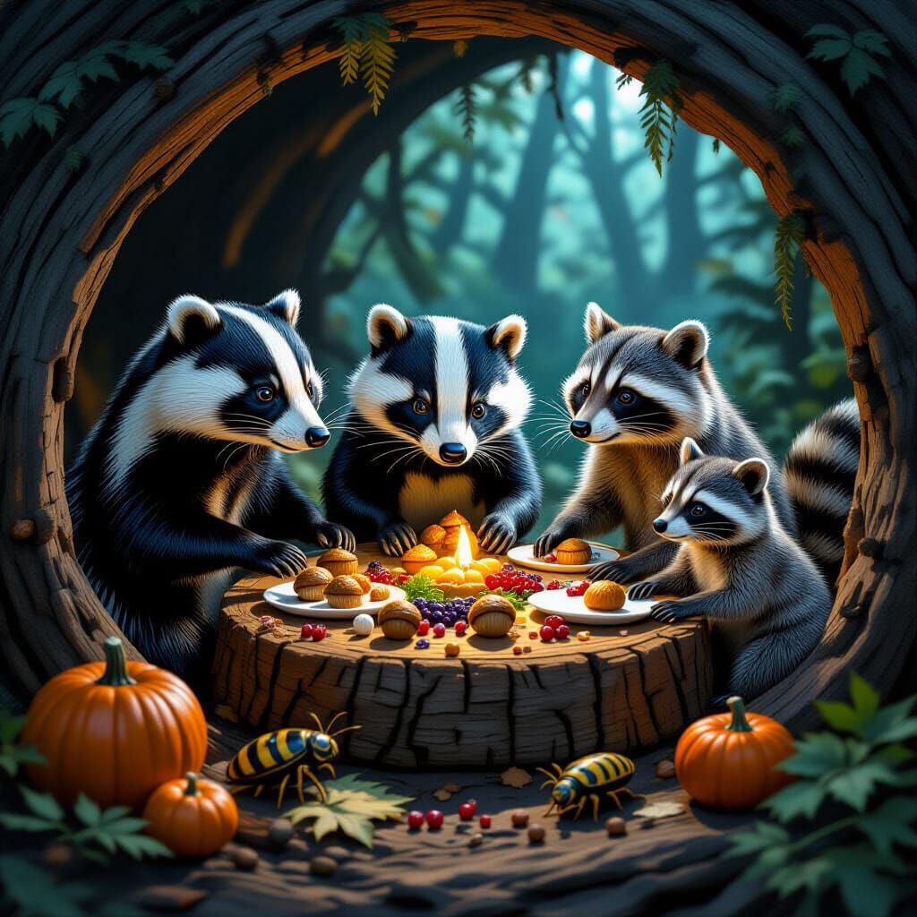 Surreal Autumn Feast: Animals Serve Insects in Dreamlike Sty...