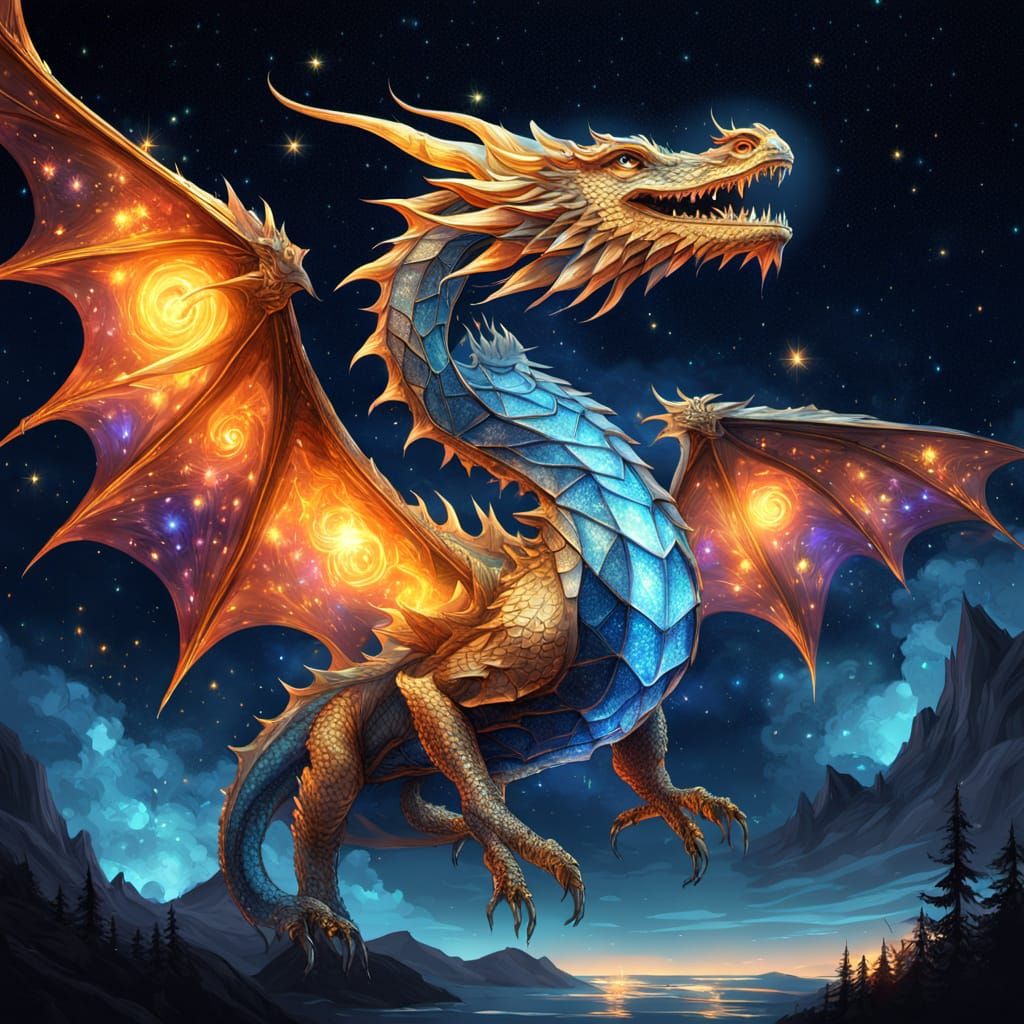 Magnificent Glass Dragon in Flight, Breathing Fire Against S...