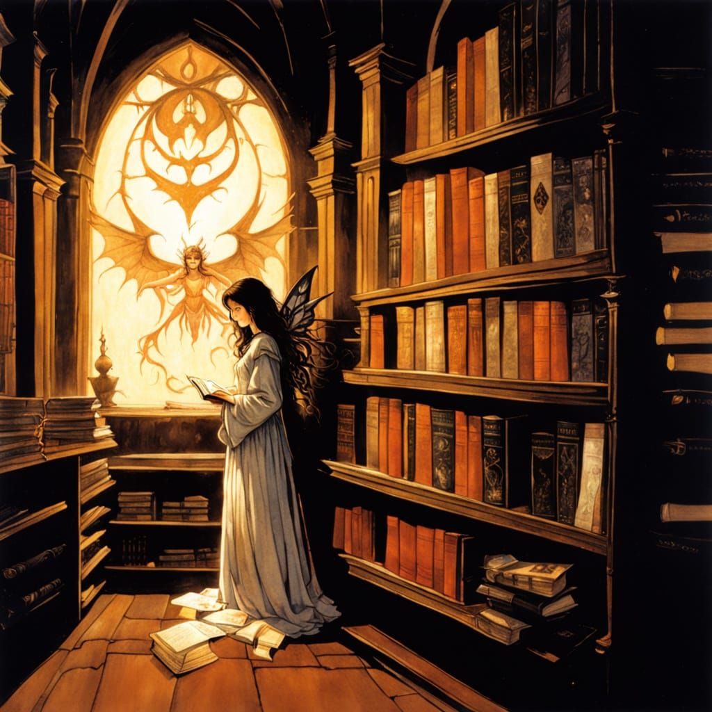 Mystical Fairy in an Antique Library