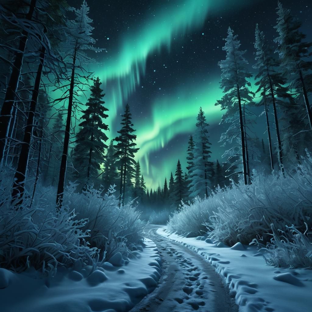 Majestic Aurora Borealis Over Frosty Forest Path