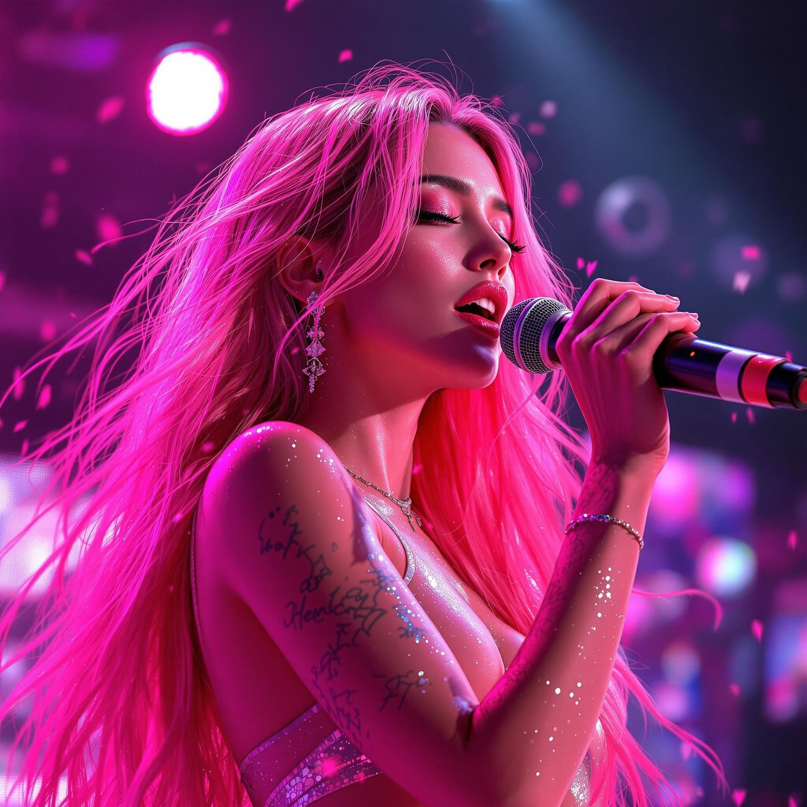 Hyper-Realistic Pop Star in Neon Stage Setting