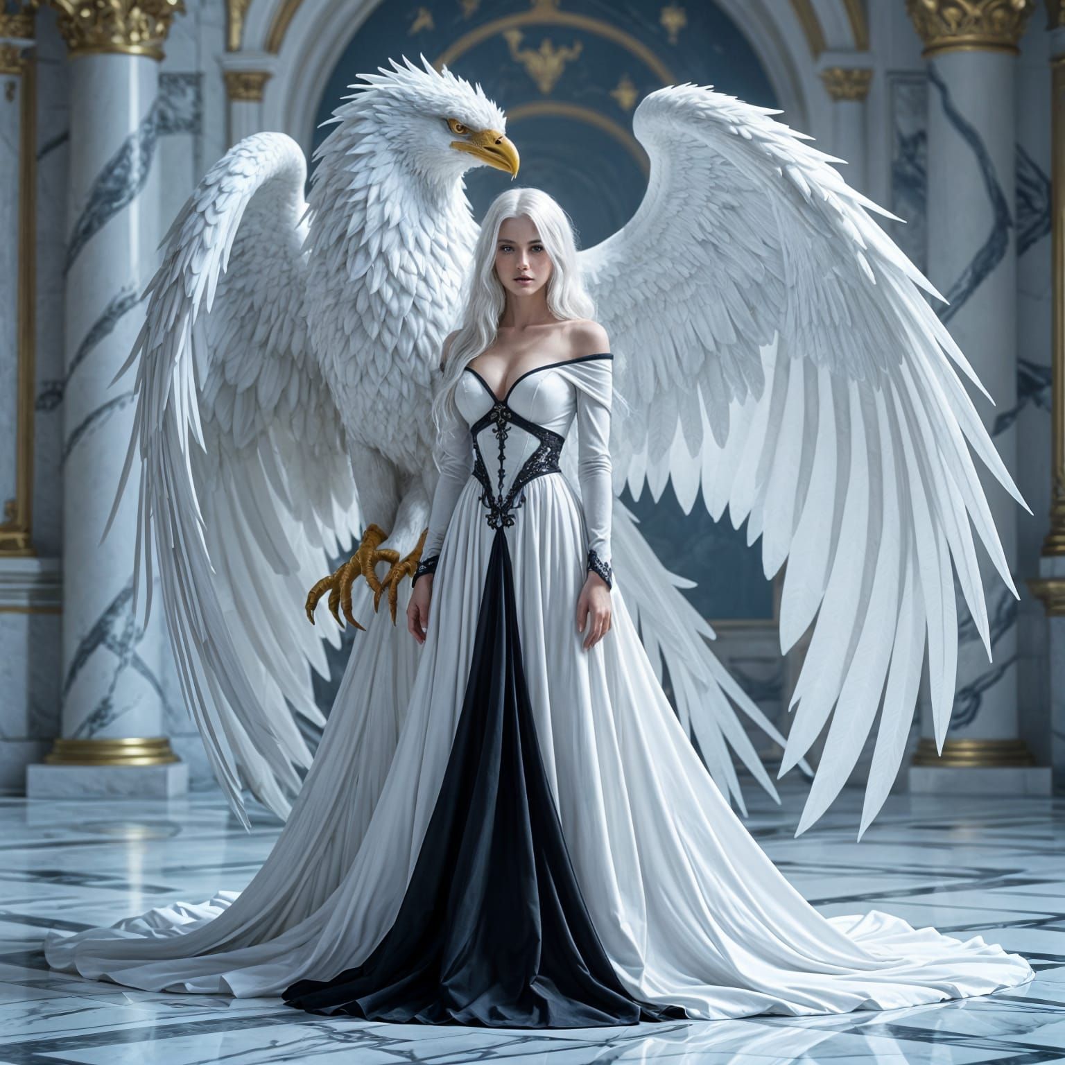 Majestic Griffin Guards Woman in Marble Room