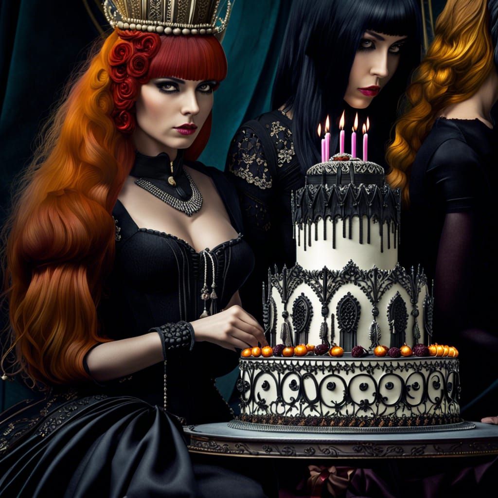 Intensely beautiful Goth women seated around an elaborate birthday cake