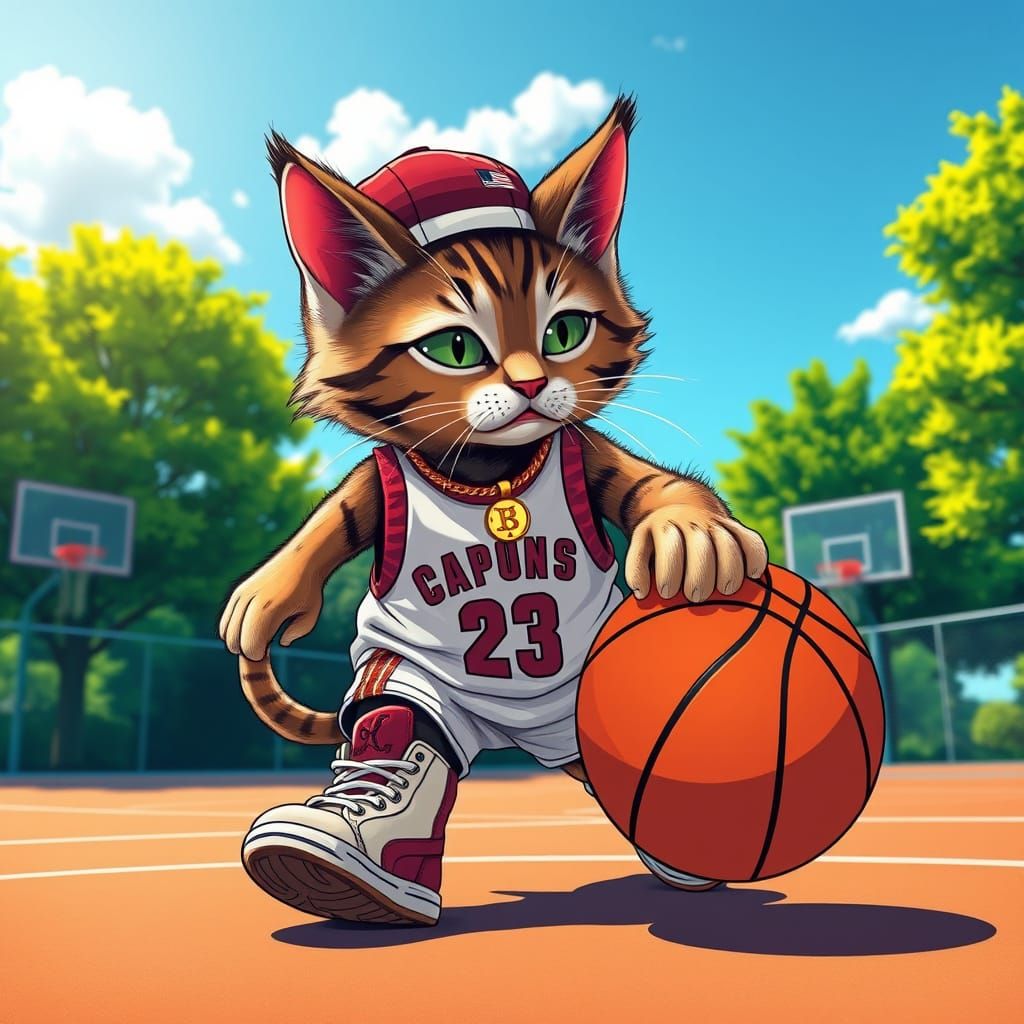 Colorful Cat Dribbles Basketball in Vibrant Outdoor Playgrou...
