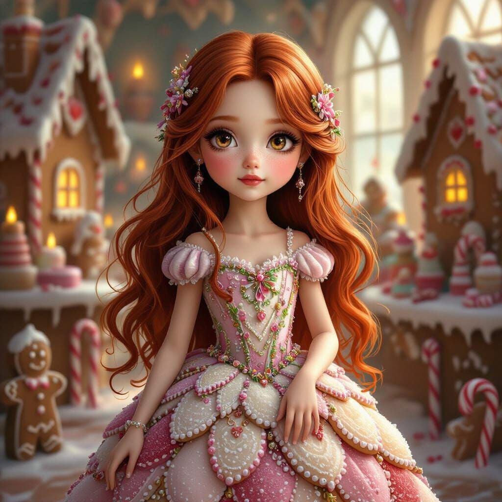 Crimson-Haired Girl in Whimsical Gingerbread Bakery